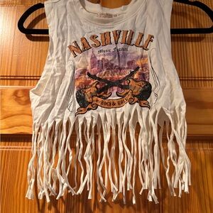 White Short Sleeve Tee with Fringe and Graphic Design